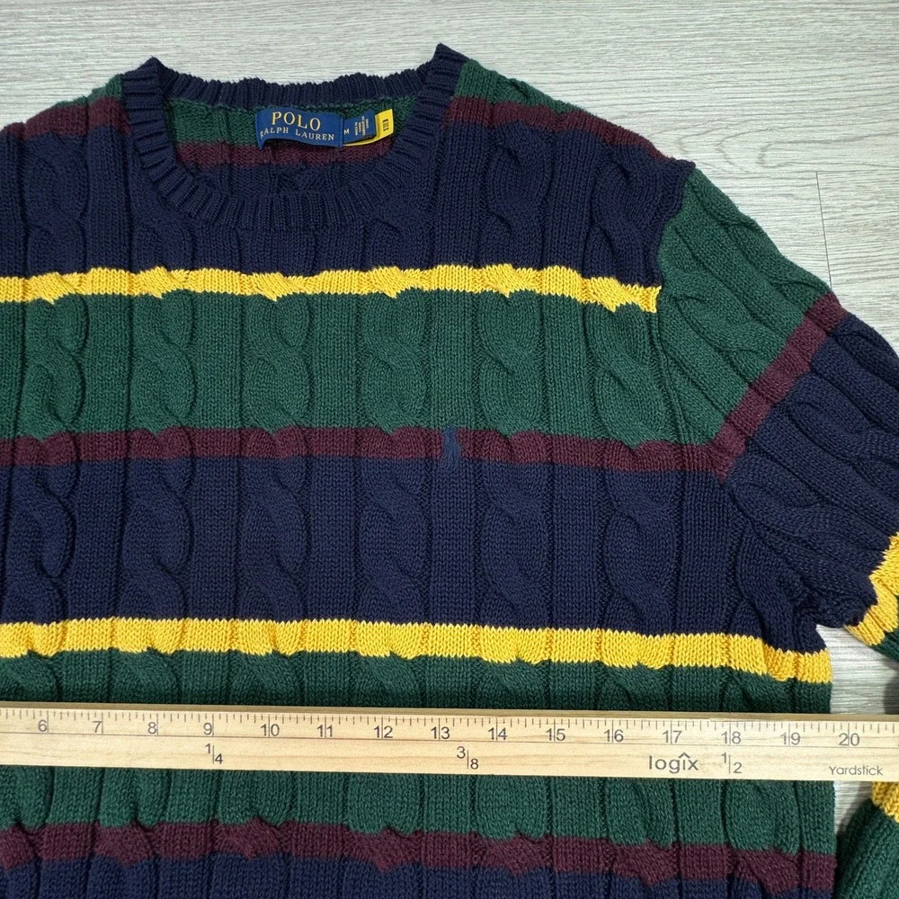 Polo Ralph Lauren Mens Cable Knit Striped Crewneck Sweater Cotton Medium